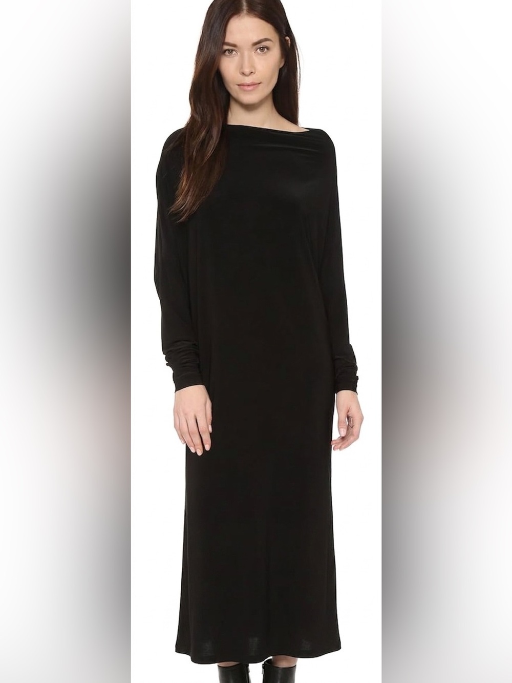 Norma Kamali Sz XS Black Velvet Drappy Collar Relaxed Maxi LBD Dress